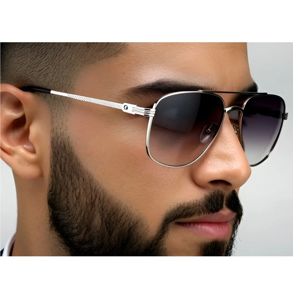 Men Sunglasses Fashion Silver Frame‎ Black Lens Sun UV Protection Driving Lentes